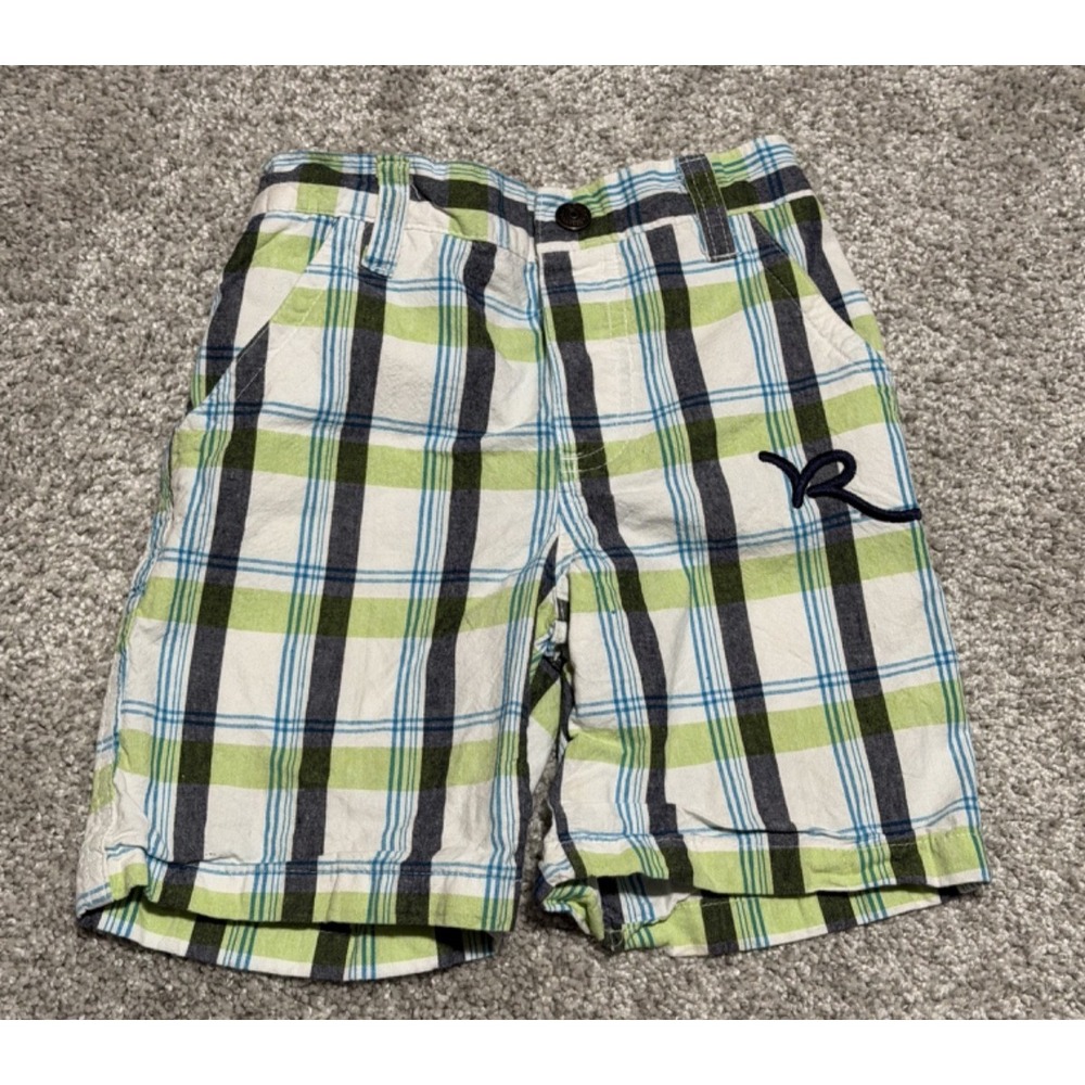 Rocawear Shorts Youth Toddler Boys 5T Plaid Embroidered Green White Blue Elastic